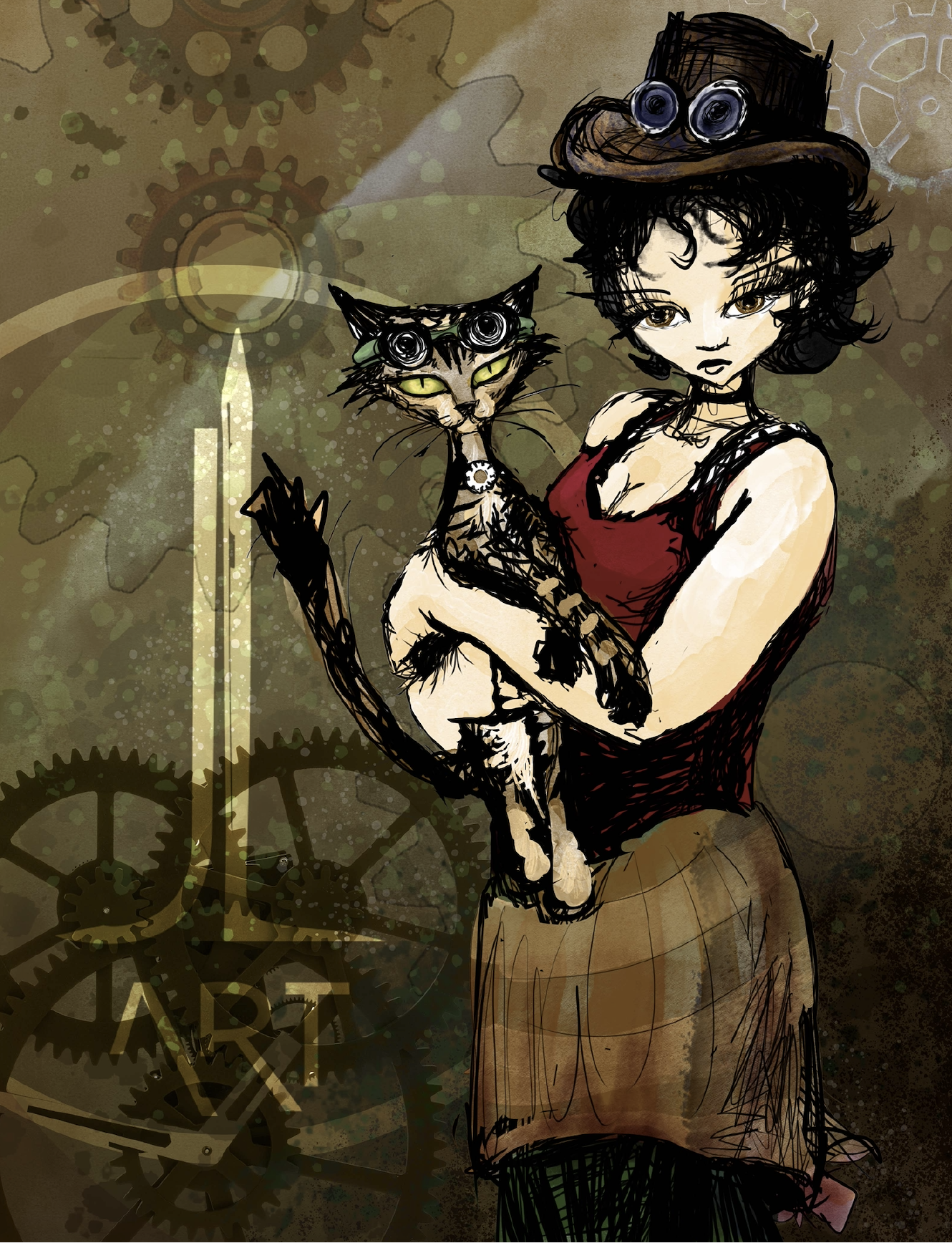 Steampunk style girl with cat